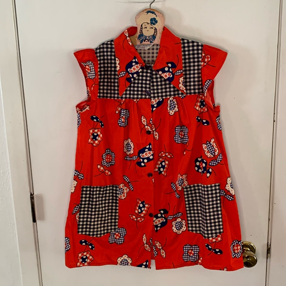 Vintage Radlee red white blue faux appliqué flower smock dress Size Medium